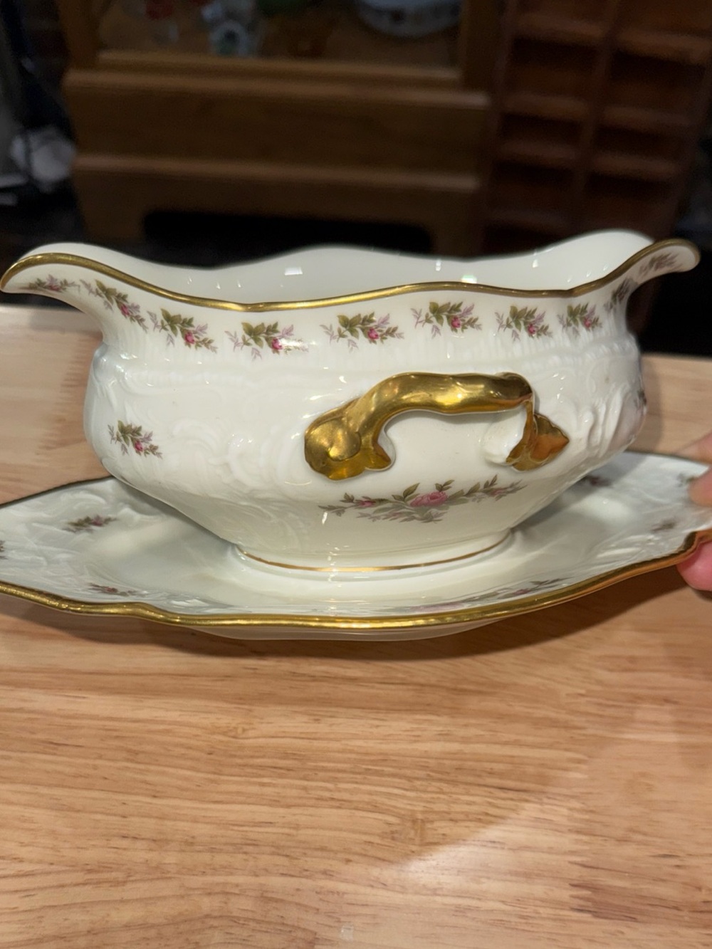 Rosenthal Cream and Gold Porcelain Gravy Boat with Pink Floral Garland Germany